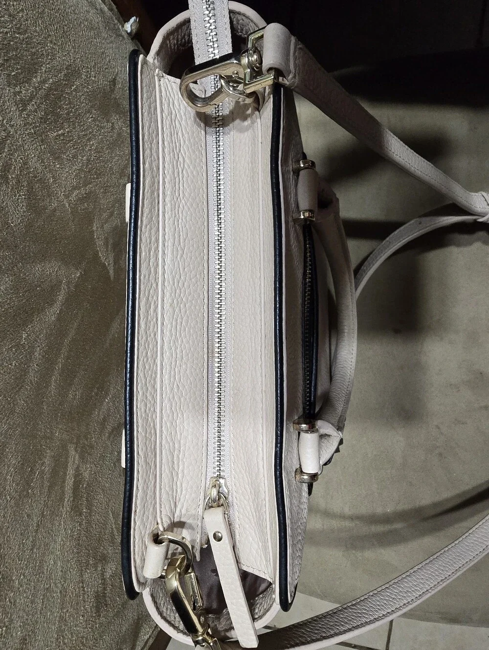 Kate Spade Cream Pebbled Leather Satchel with Black Trim